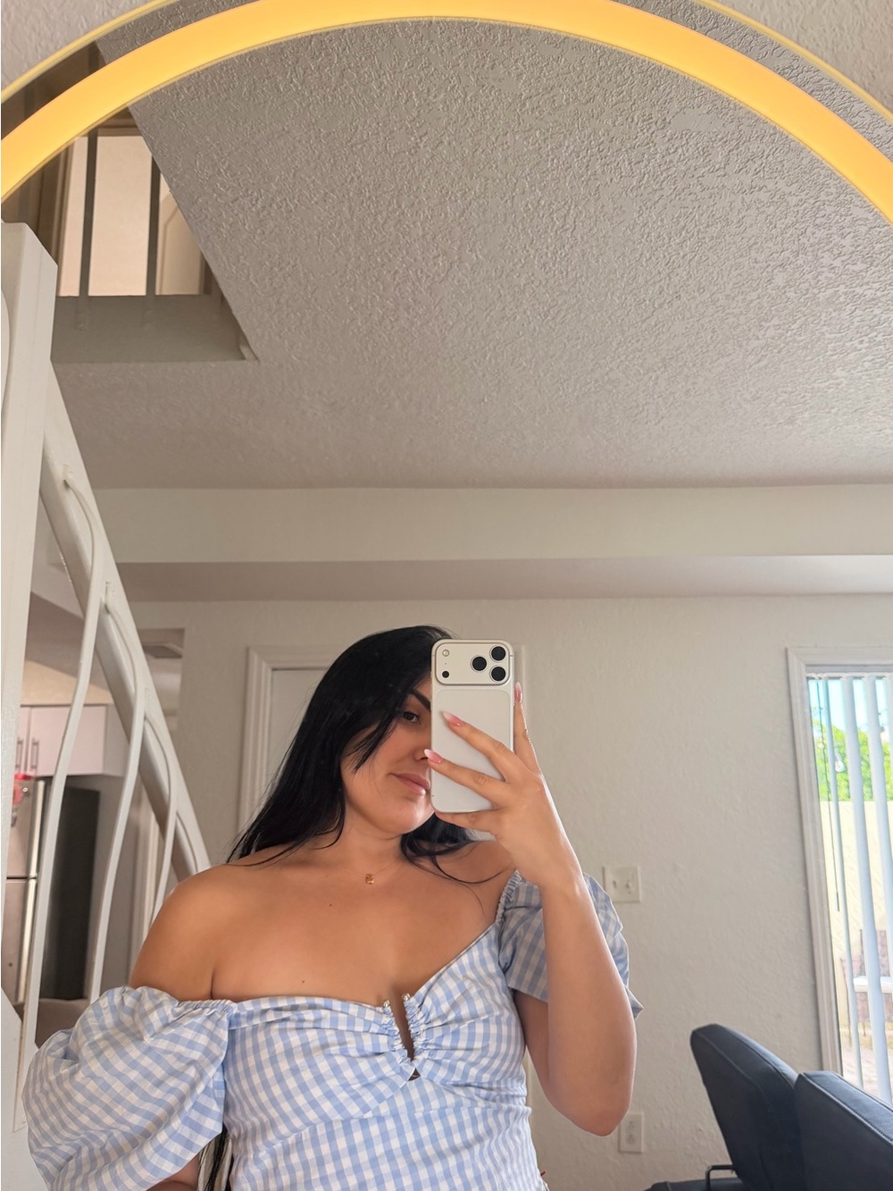 Gingham Off-Shoulder Puff-Sleeve Blouse — Light Blue/White